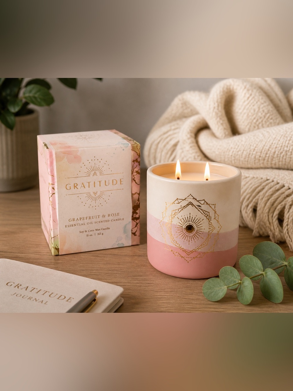Gratitude Grapefruit & Rose Candle 11oz | Aromatherapy Soy Coco Wax